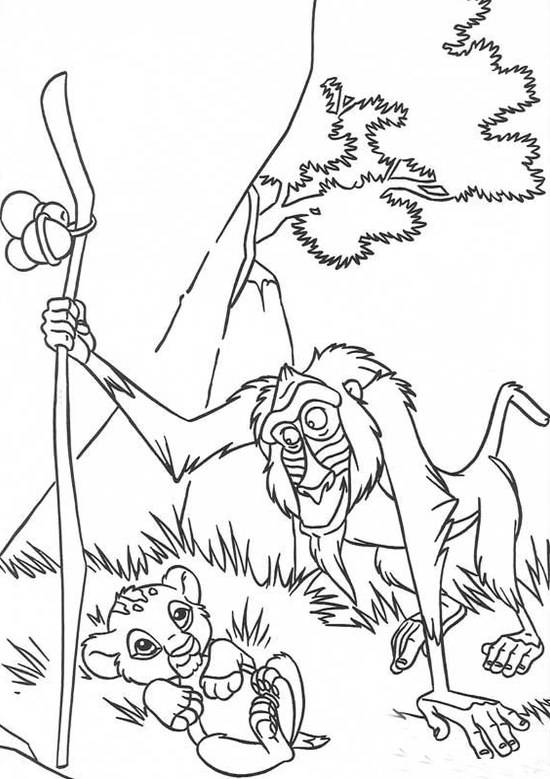 kolorowanka Król Lew Disney Rafiki i mały Simba, dla dzieci malowanka do wydruku numer 8